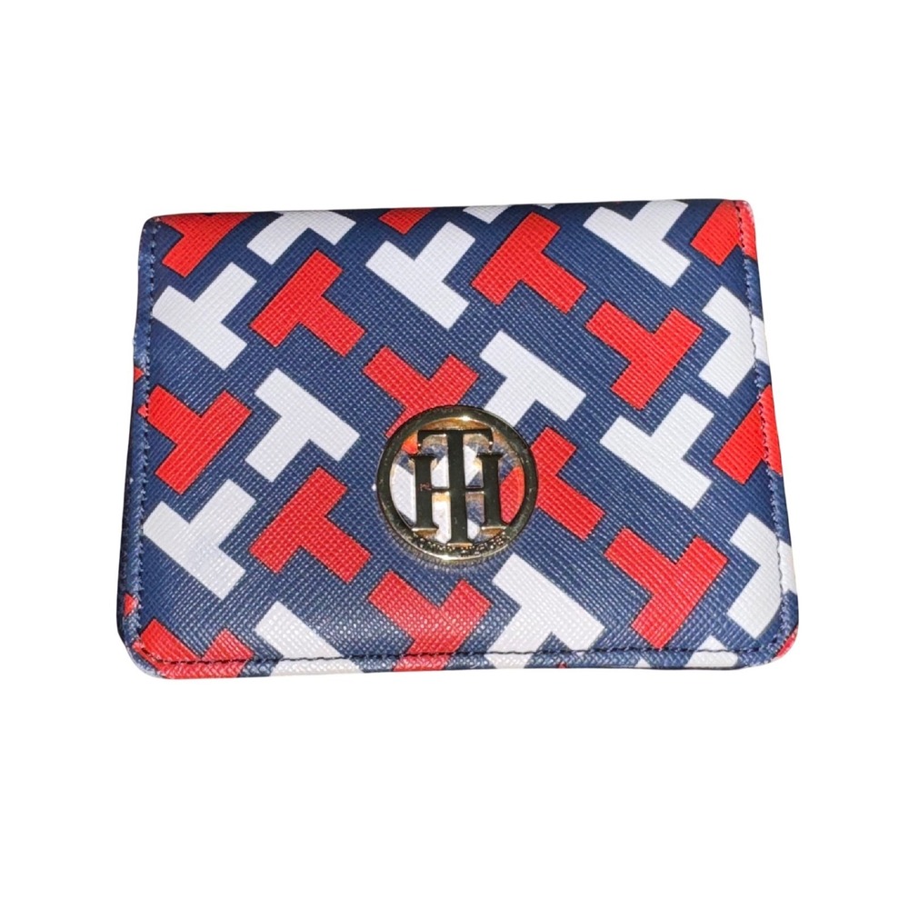 Tommy Hilfiger Red White Blue Monogram Bifold Wallet Gold TH Logo Medallion